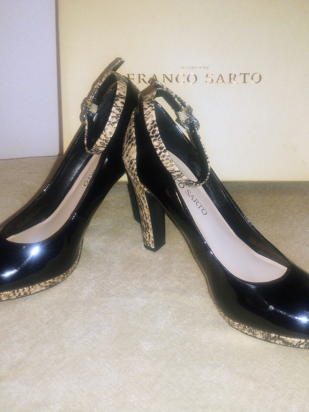 Franco Sarto Black Patent Leather Pumps with Snake-Print Accents At Ankle